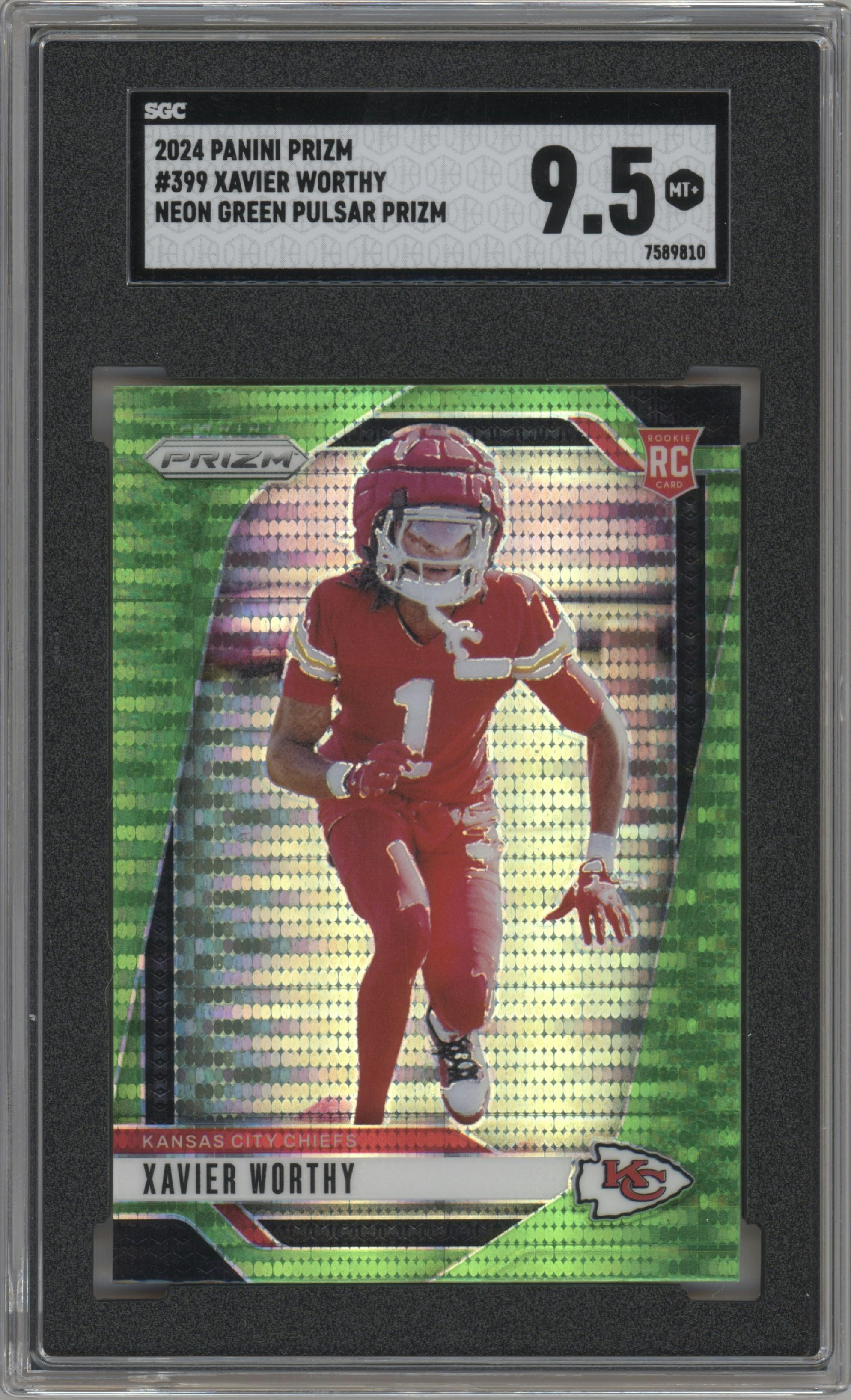Xavier Worthy from the 2024 Panini Prizm set featuring a Neon Green Pulsar  parallel graded by SGC and given an overall grade of 9.5.