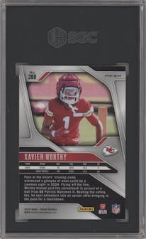 Xavier Worthy from the 2024 Panini Prizm set featuring a Neon Green Pulsar  parallel graded by SGC and given an overall grade of 9.5.