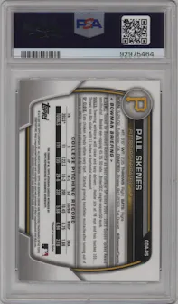 Paul Skenes from the 2023 Bowman Draft set graded by PSA and given an overall grade of 9.