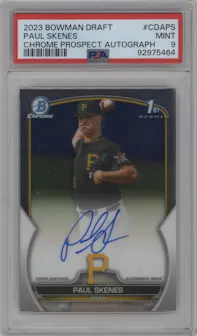 Paul Skenes from the 2023 Bowman Draft set graded by PSA and given an overall grade of 9.