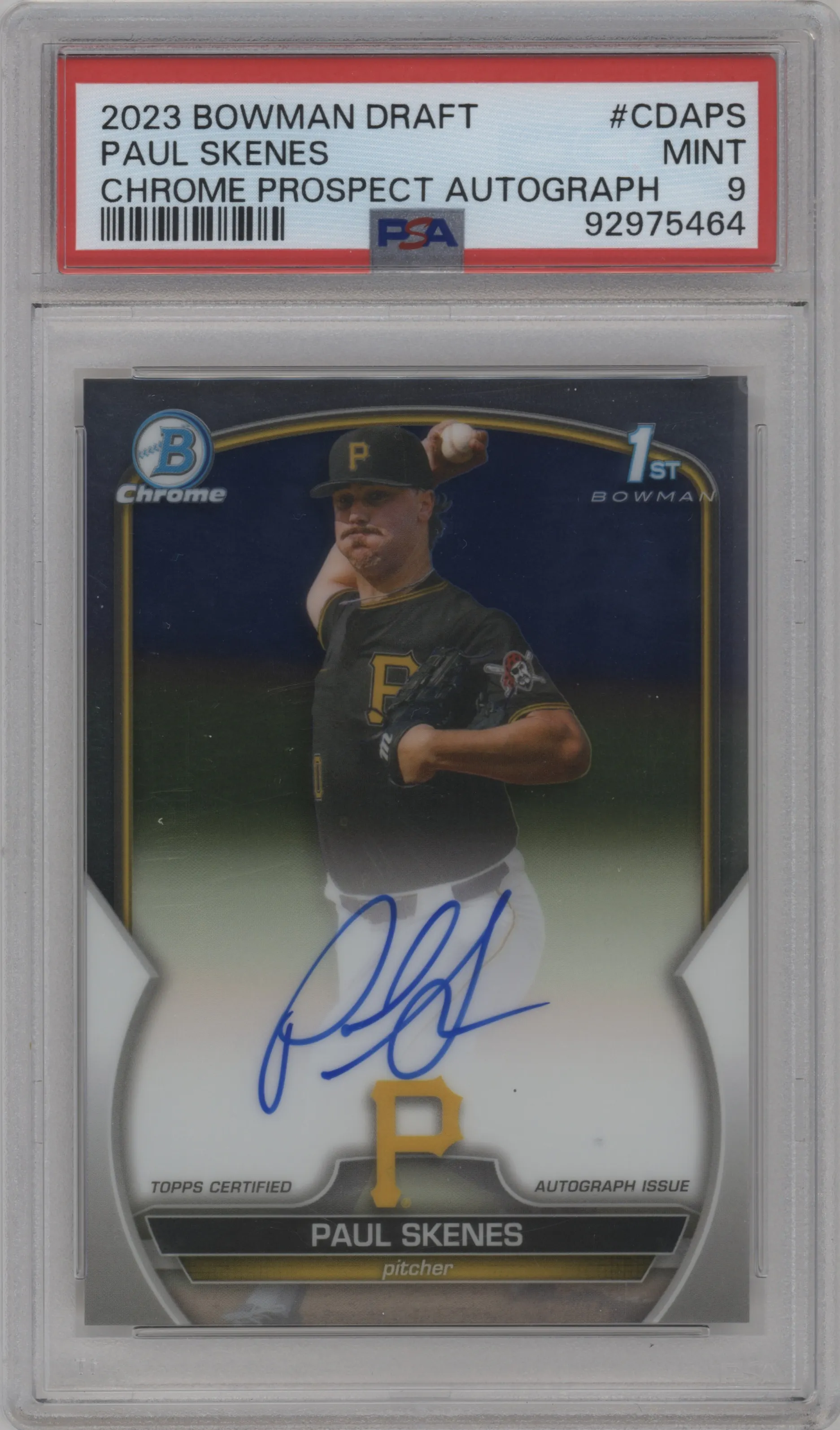 Paul Skenes from the 2023 Bowman Draft set graded by PSA and given an overall grade of 9.