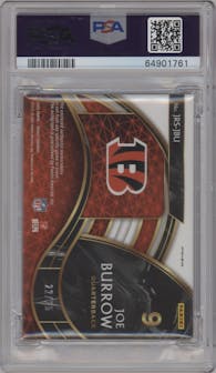 Joe Burrow from the 2020 Panini Select set featuring a Neon Orange Pulsar parallel graded by PSA and given an overall grade of 10.