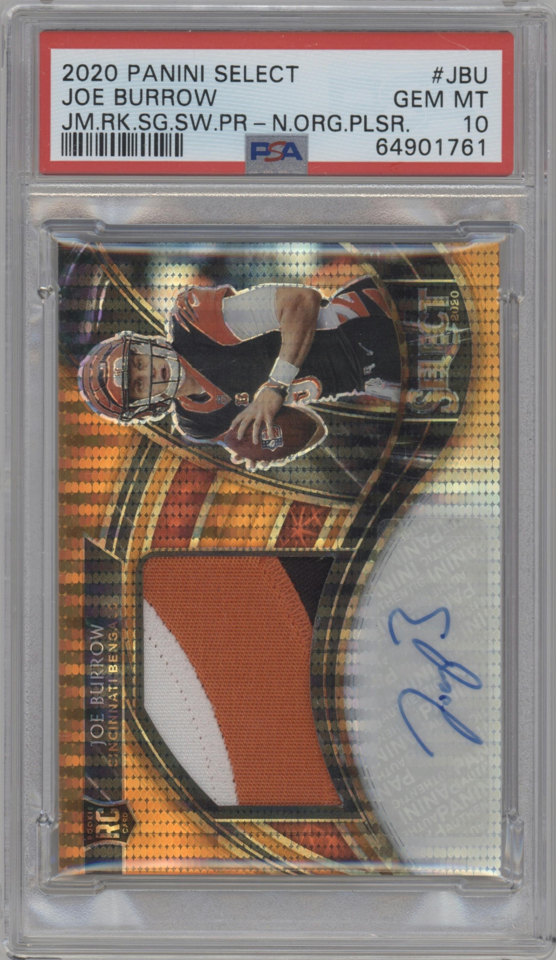 Joe Burrow from the 2020 Panini Select set featuring a Neon Orange Pulsar parallel graded by PSA and given an overall grade of 10.