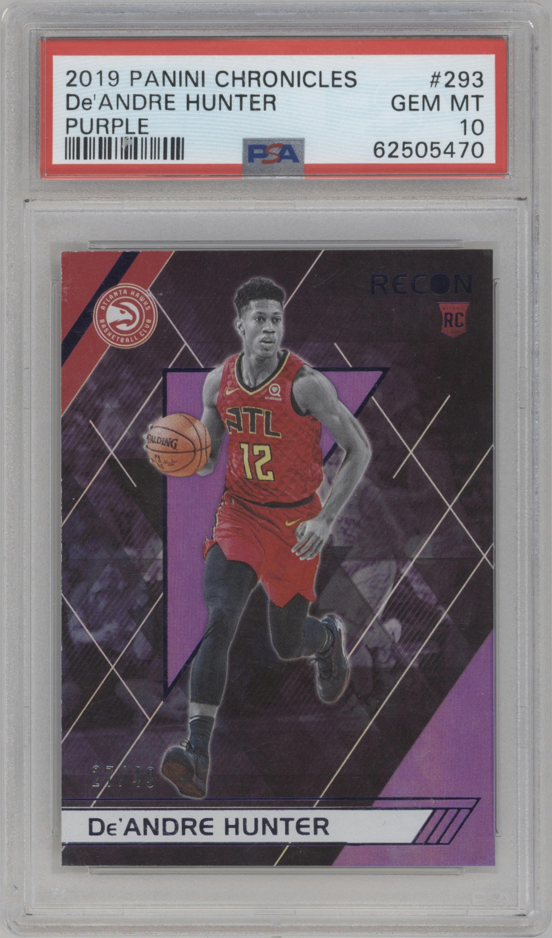 De'Andre Hunter from the 2019-20 Panini Chronicles  set featuring a Purple parallel graded by PSA and given an overall grade of 10.