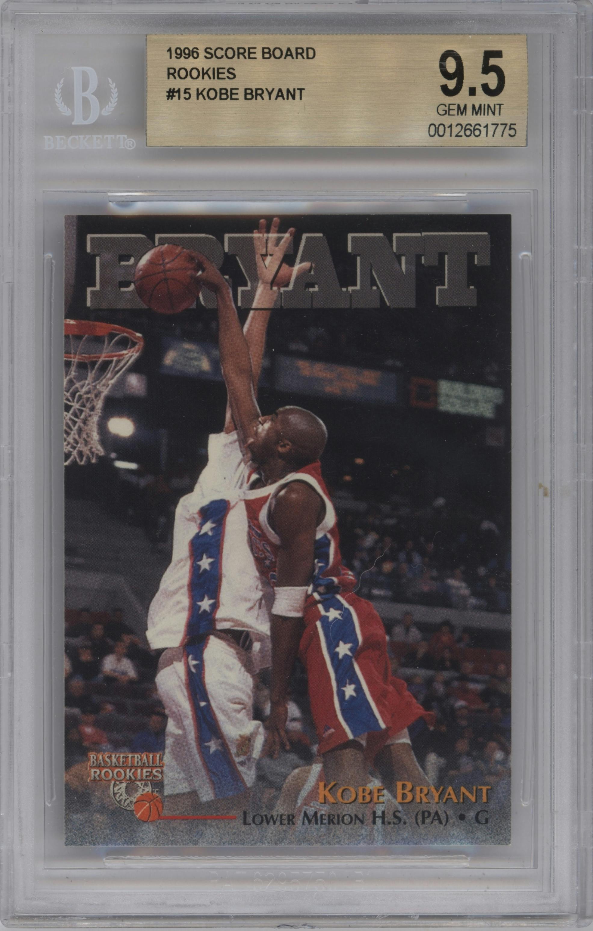 Kobe Bryant from the 1996 Score Board Rookies set graded by Beckett and given an overall grade of 9.5.