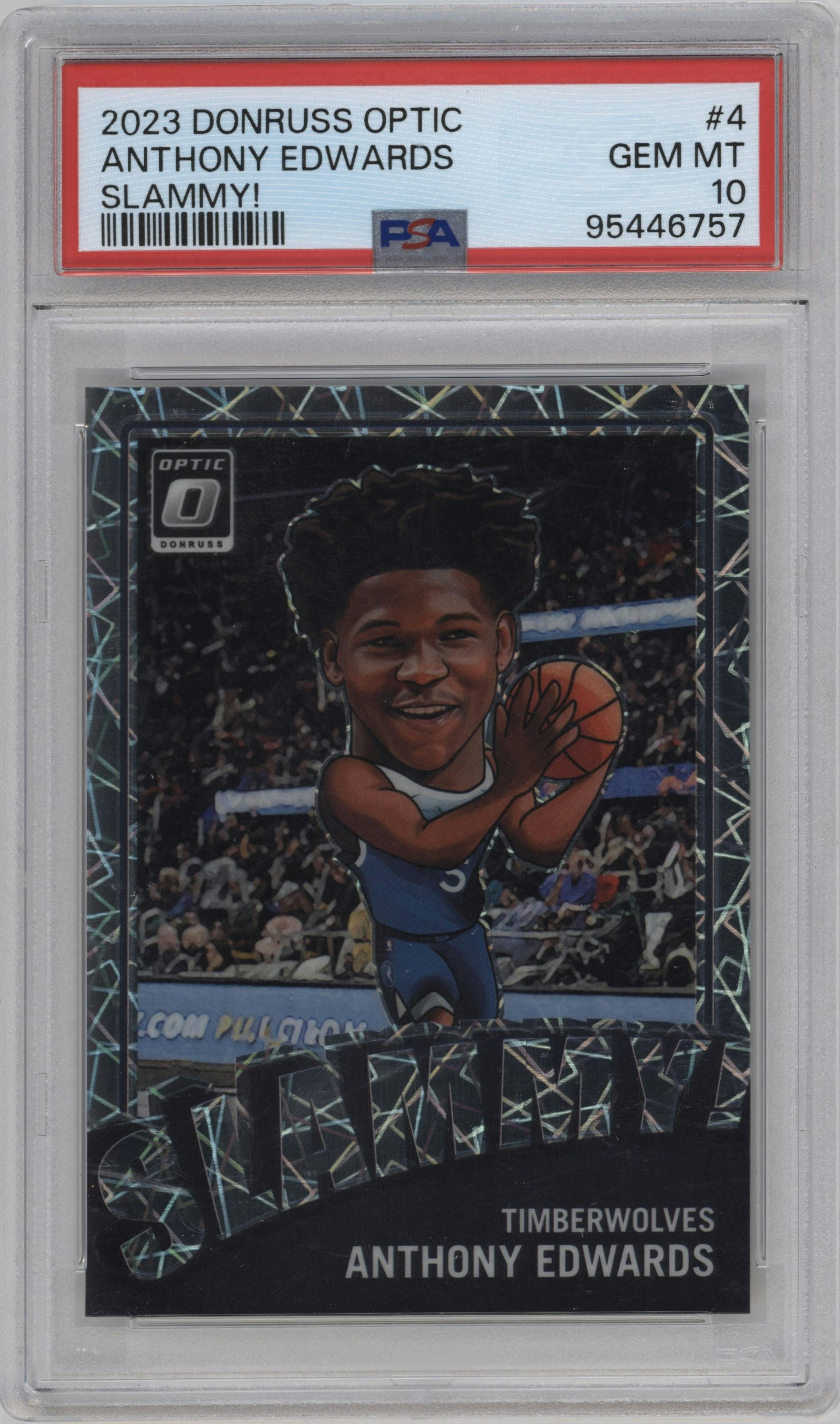 Anthony Edwards from the 2023-24 Donruss Optic set graded by PSA and given an overall grade of 10.