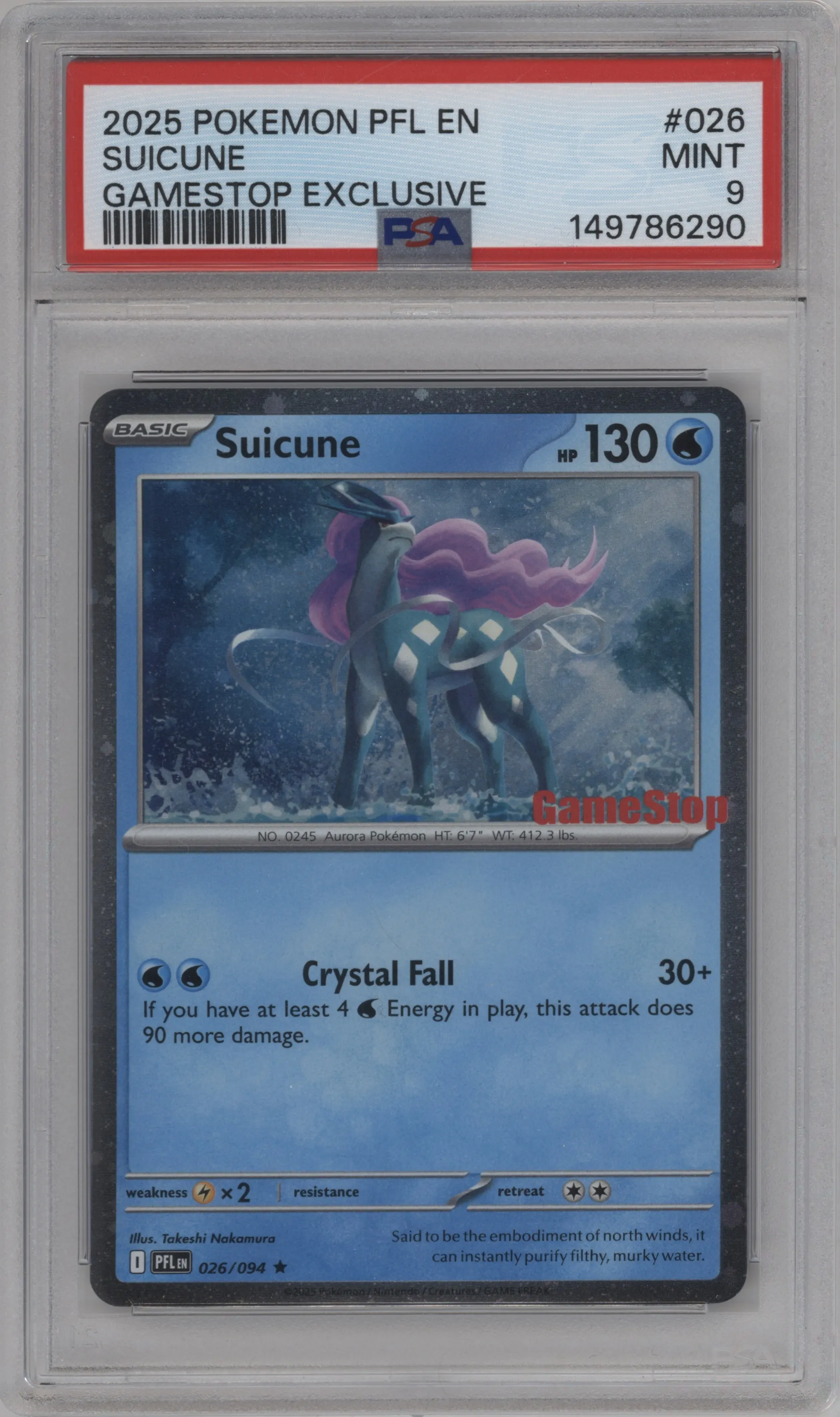 2025 Pokemon Mega Evolution Phan. Flames Suicune Gamestop Exclusive #026 PSA 9