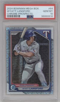 Wyatt Langford from the 2024 Bowman Mega Box set graded by PSA and given an overall grade of 10.