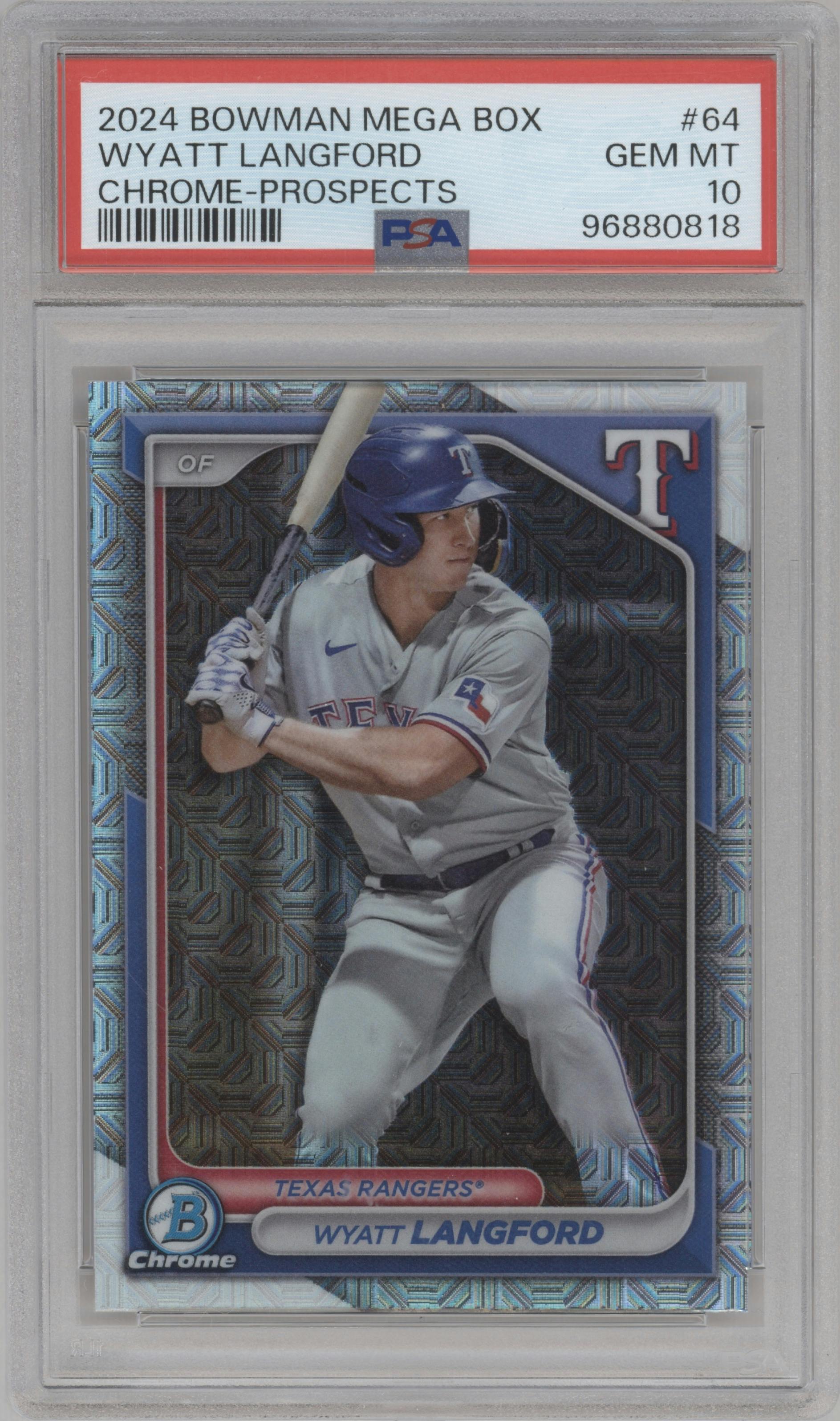 Wyatt Langford from the 2024 Bowman Mega Box set graded by PSA and given an overall grade of 10.