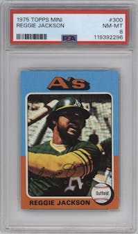 Reggie Jackson from the 1975 Topps Mini set graded by PSA and given an overall grade of 8.
