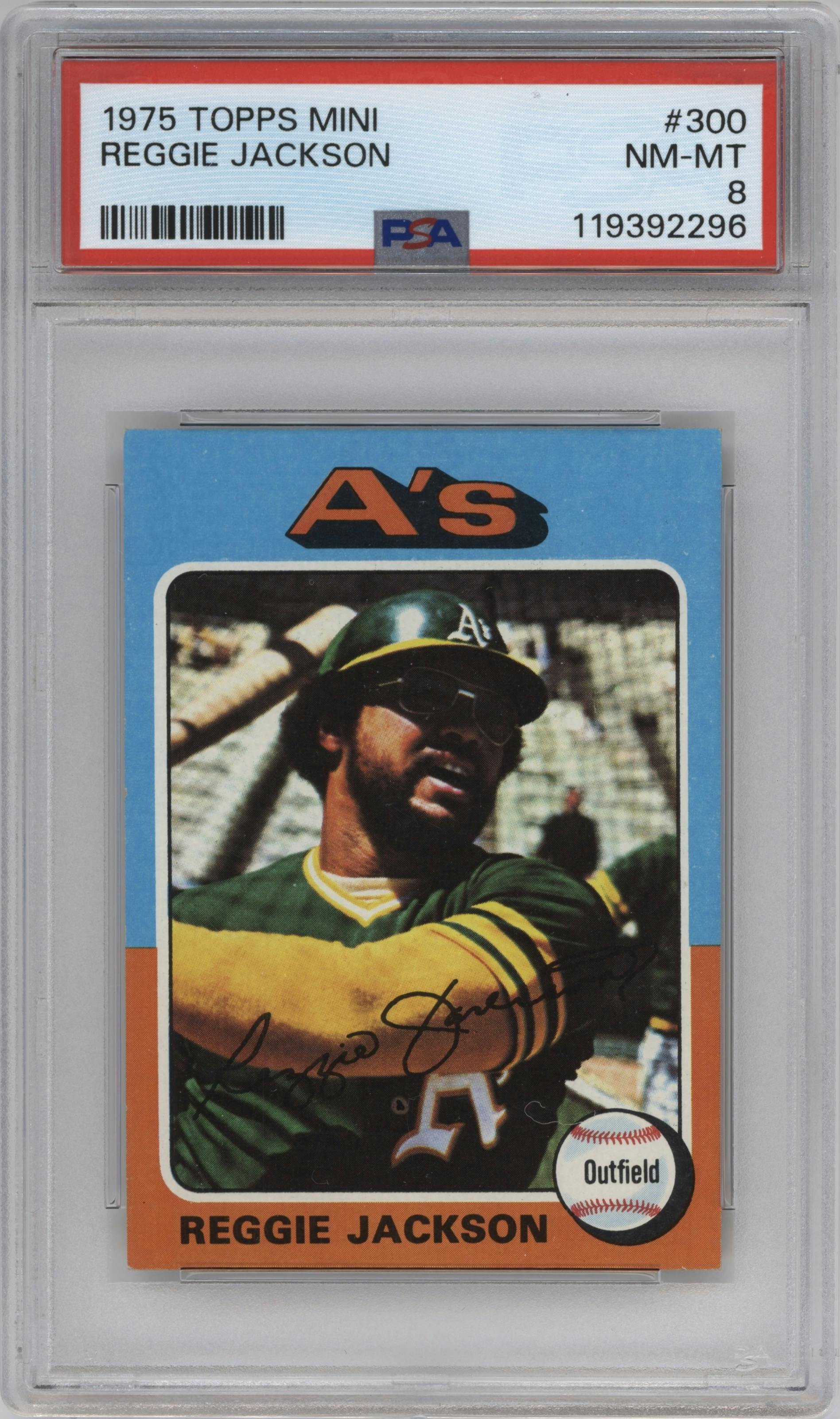 Reggie Jackson from the 1975 Topps Mini set graded by PSA and given an overall grade of 8.