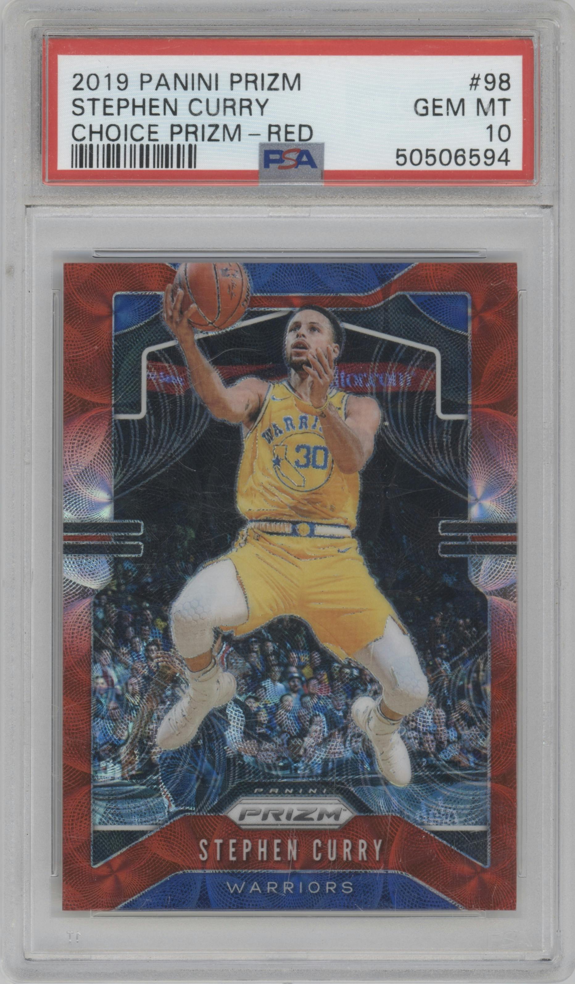 Stephen Curry from the 2019-20 Panini Prizm set featuring a Choice Red parallel graded by PSA and given an overall grade of 10.
