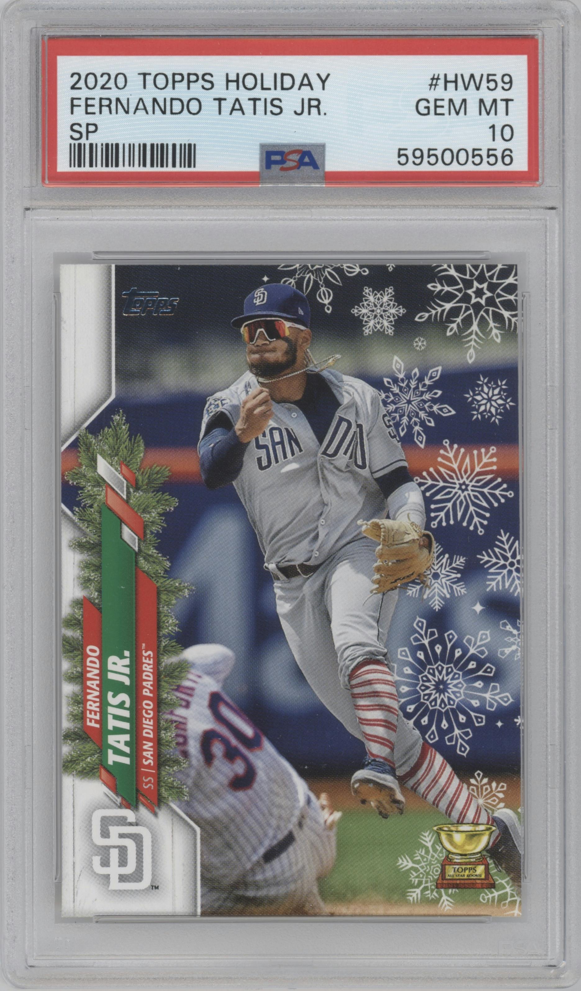 Fernando Tatis Jr. from the 2020 Topps Holiday Mega Box set graded by PSA and given an overall grade of 10.