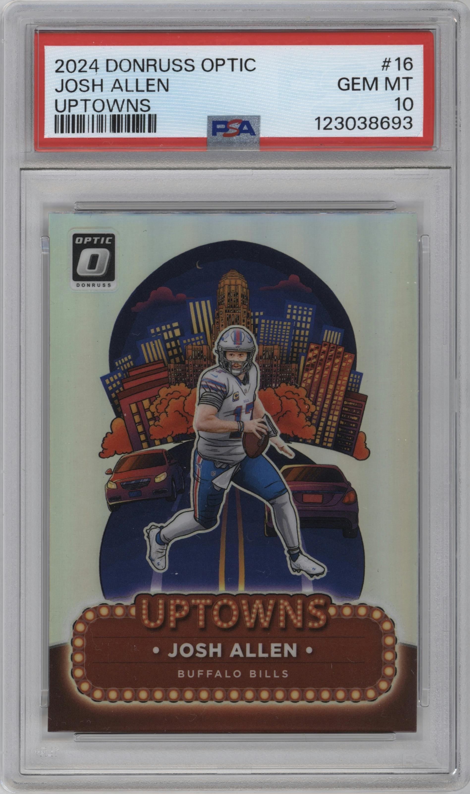 Josh Allen from the 2024 Donruss Optic set graded by PSA and given an overall grade of 10.