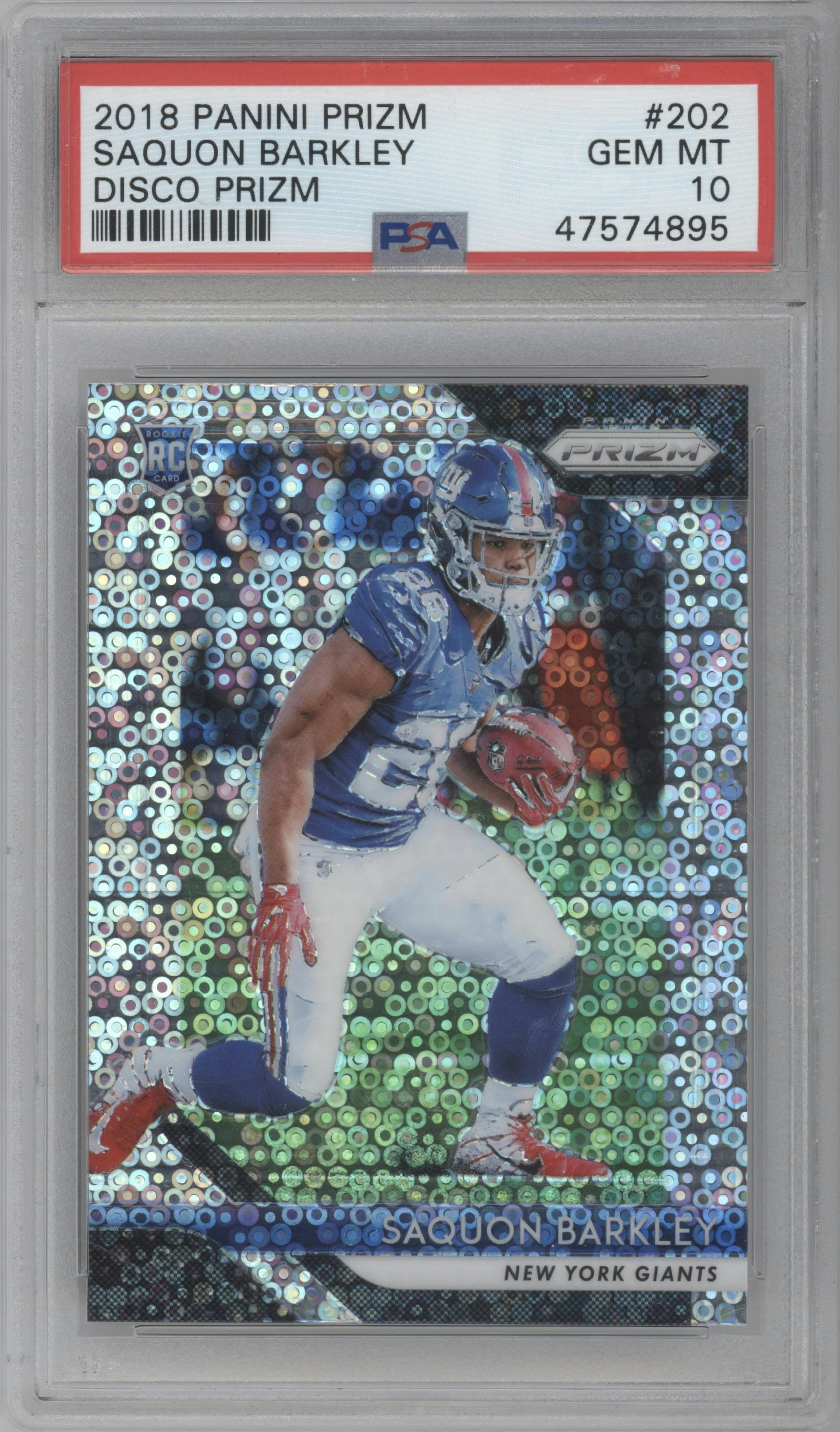 Saquon Barkley from the 2018 Panini Prizm set featuring a Disco parallel graded by PSA and given an overall grade of 10.
