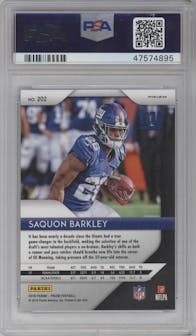 Saquon Barkley from the 2018 Panini Prizm set featuring a Disco parallel graded by PSA and given an overall grade of 10.
