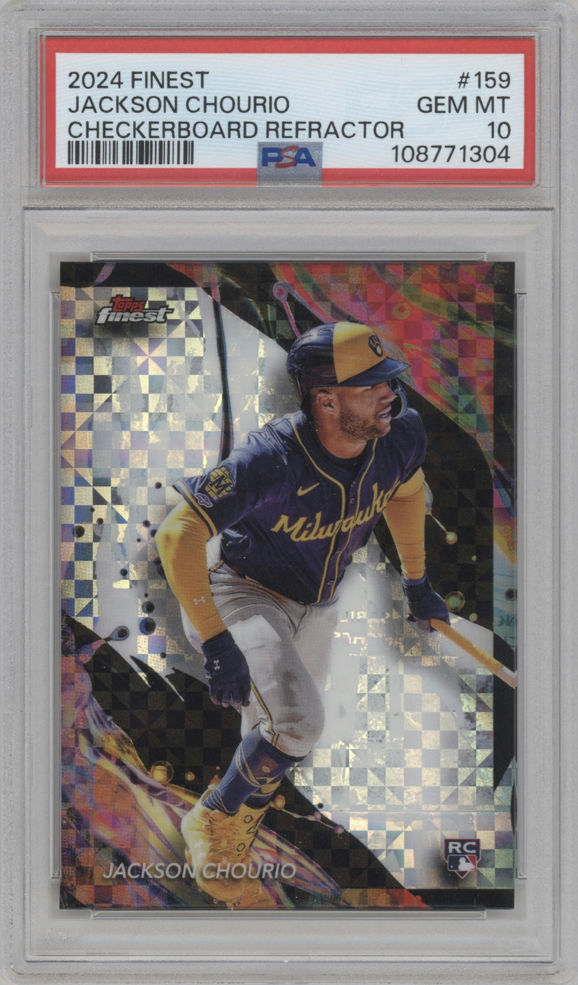 Jackson Chourio from the 2024 Topps Finest set featuring a Checkerboard Refractor	 parallel graded by PSA and given an overall grade of 10.