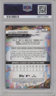 Jackson Chourio from the 2024 Topps Finest set featuring a Checkerboard Refractor	 parallel graded by PSA and given an overall grade of 10.