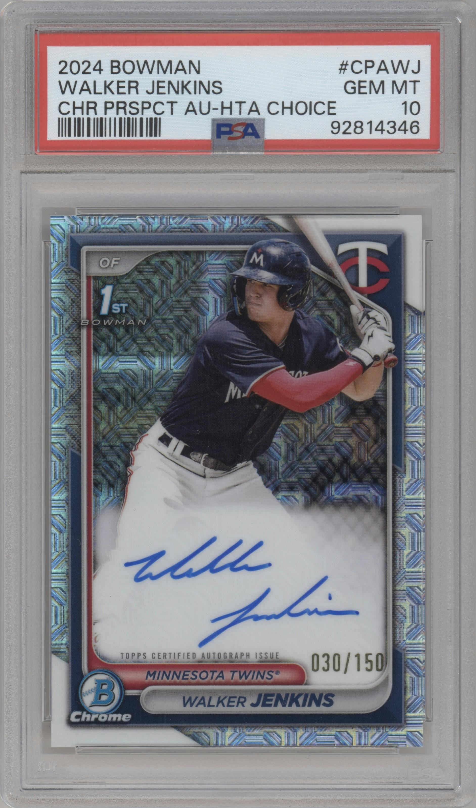 Walker Jenkins from the 2024 Bowman set featuring a HTA Choice parallel graded by PSA and given an overall grade of 10.
