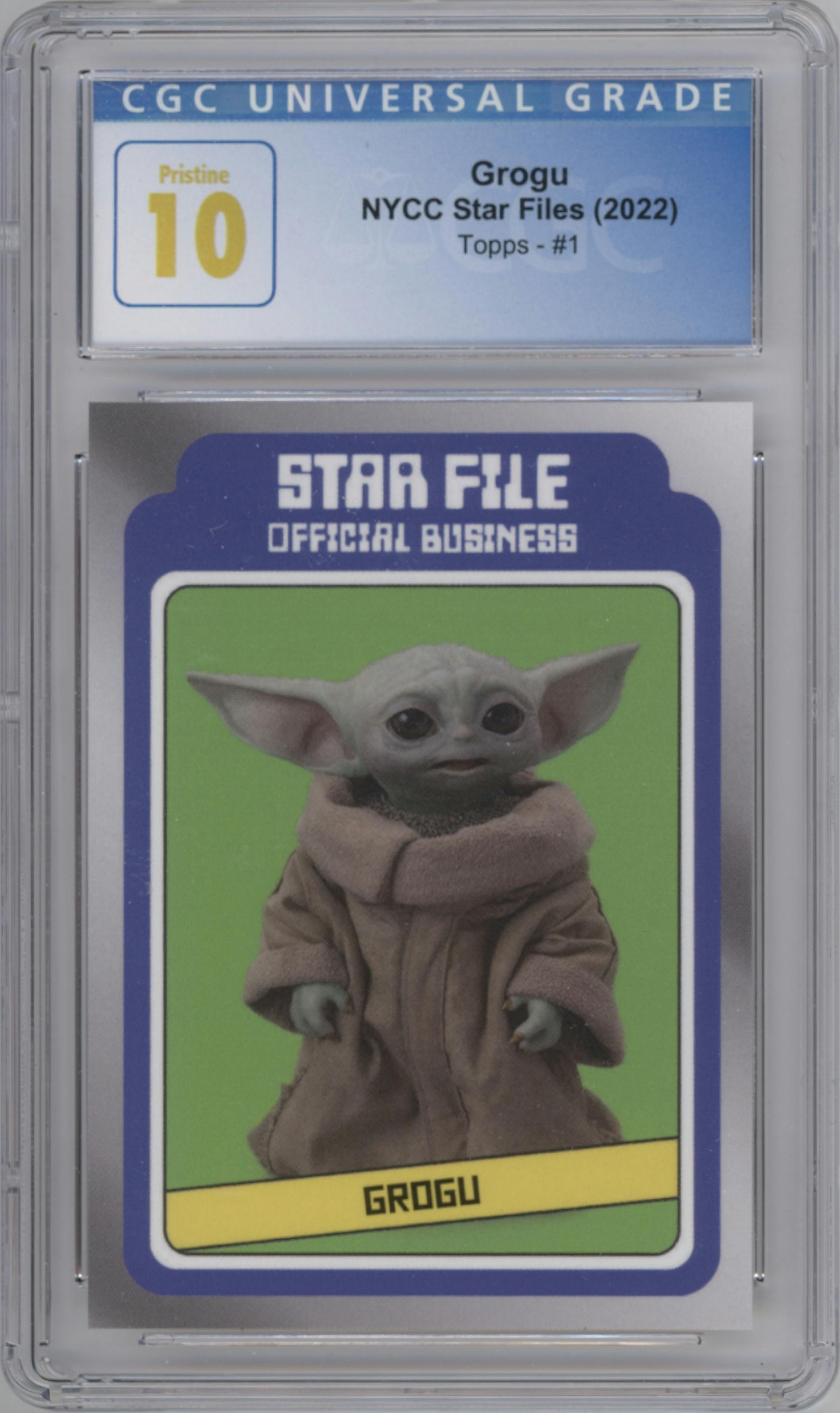 Grogu from the 2022 Topps Star Wars Star Files NYCC set graded by CSG and given an overall grade of 10.