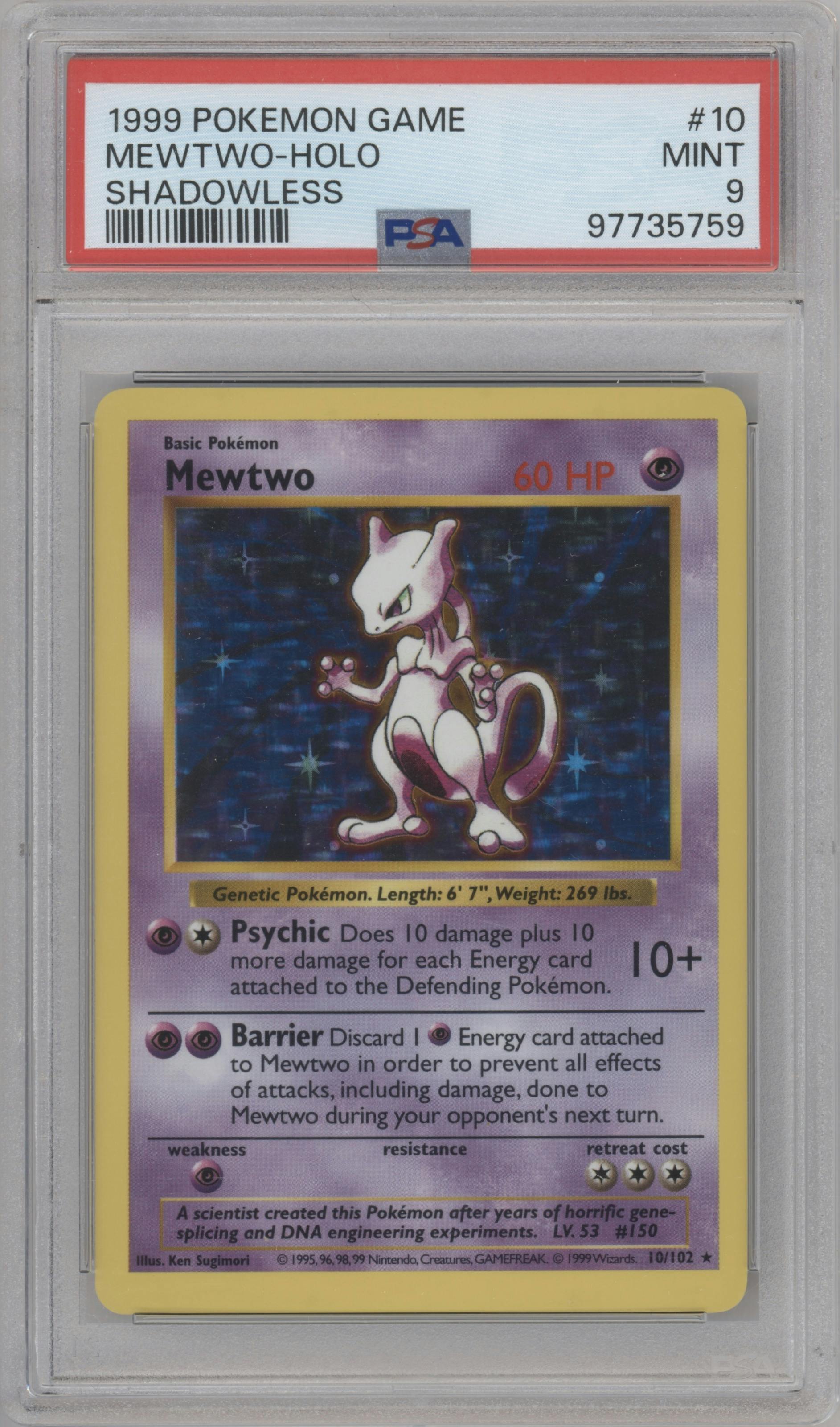 Mewtwo from the 1999 Pokemon set graded by PSA and given an overall grade of 9.
