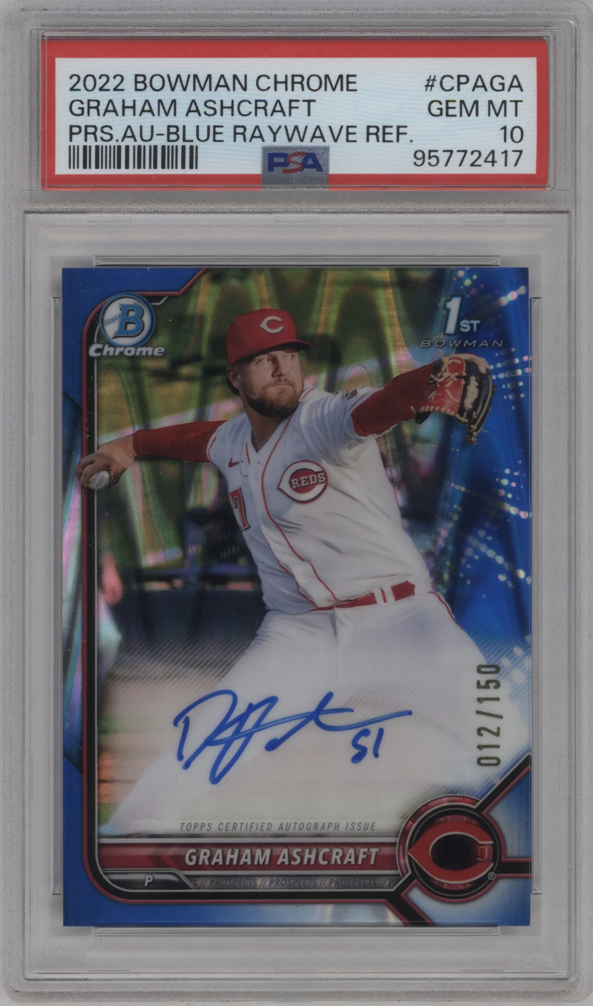 2022 Bowman Chrome Pros.Auto Graham Ashcraft Blue RayWave Refractor #CPA-GA PSA 10