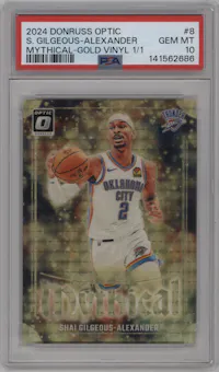 Shai Gilgeous-Alexander  from the 2024-25 Donruss Optic set featuring a Gold Vinyl parallel graded by PSA and given an overall grade of 10.