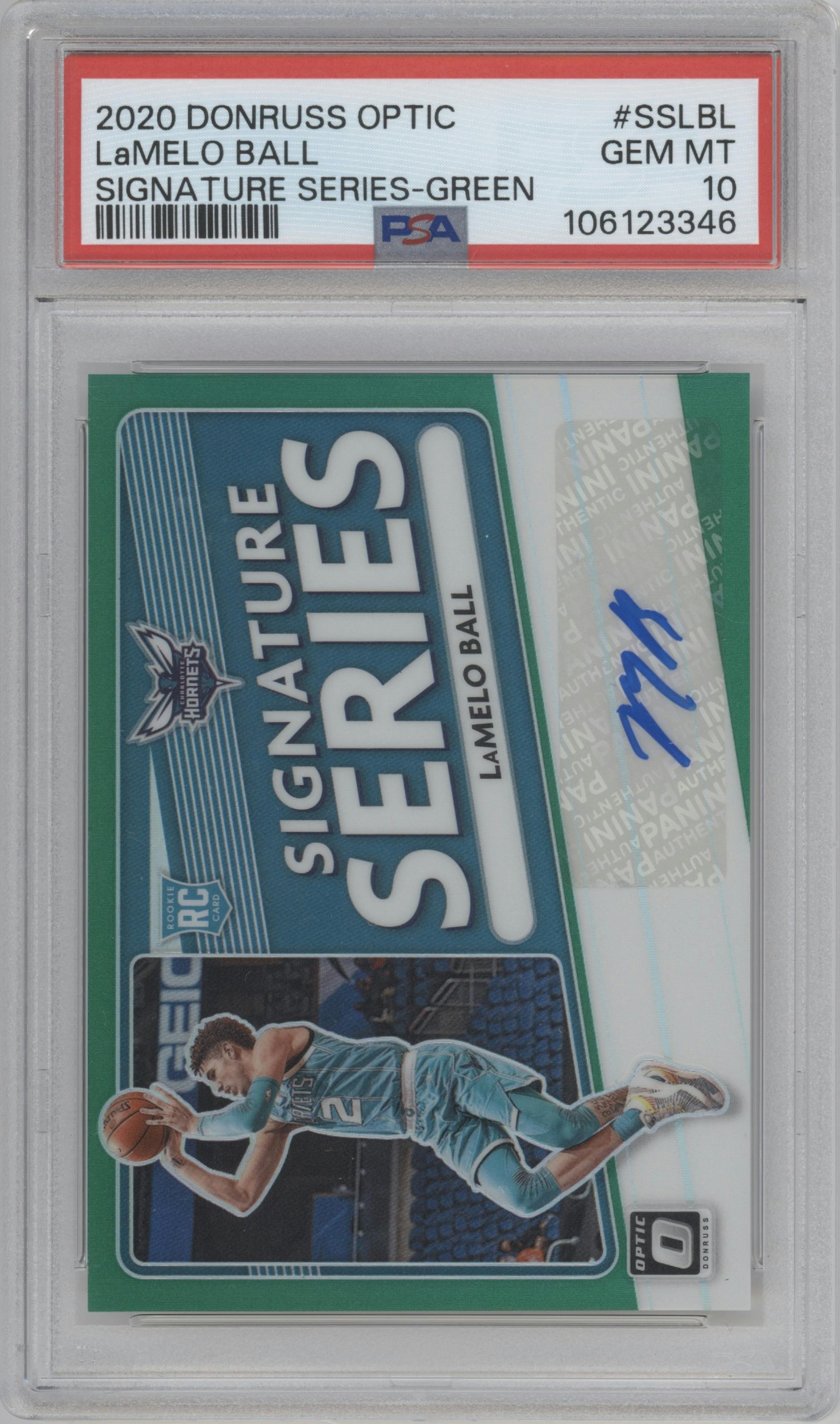 LaMelo Ball from the 2020-21 Panini Donruss Optic set featuring a Green parallel graded by PSA and given an overall grade of 10.