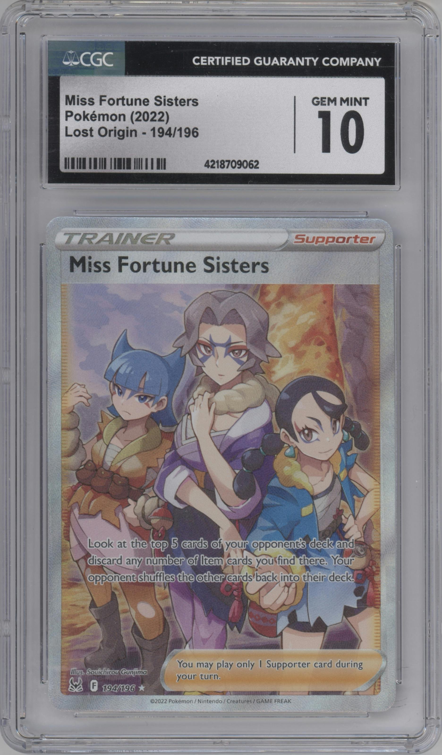 Miss Fortune Sisters from the 2022 Pokemon SWSH set graded by CSG and given an overall grade of 10.