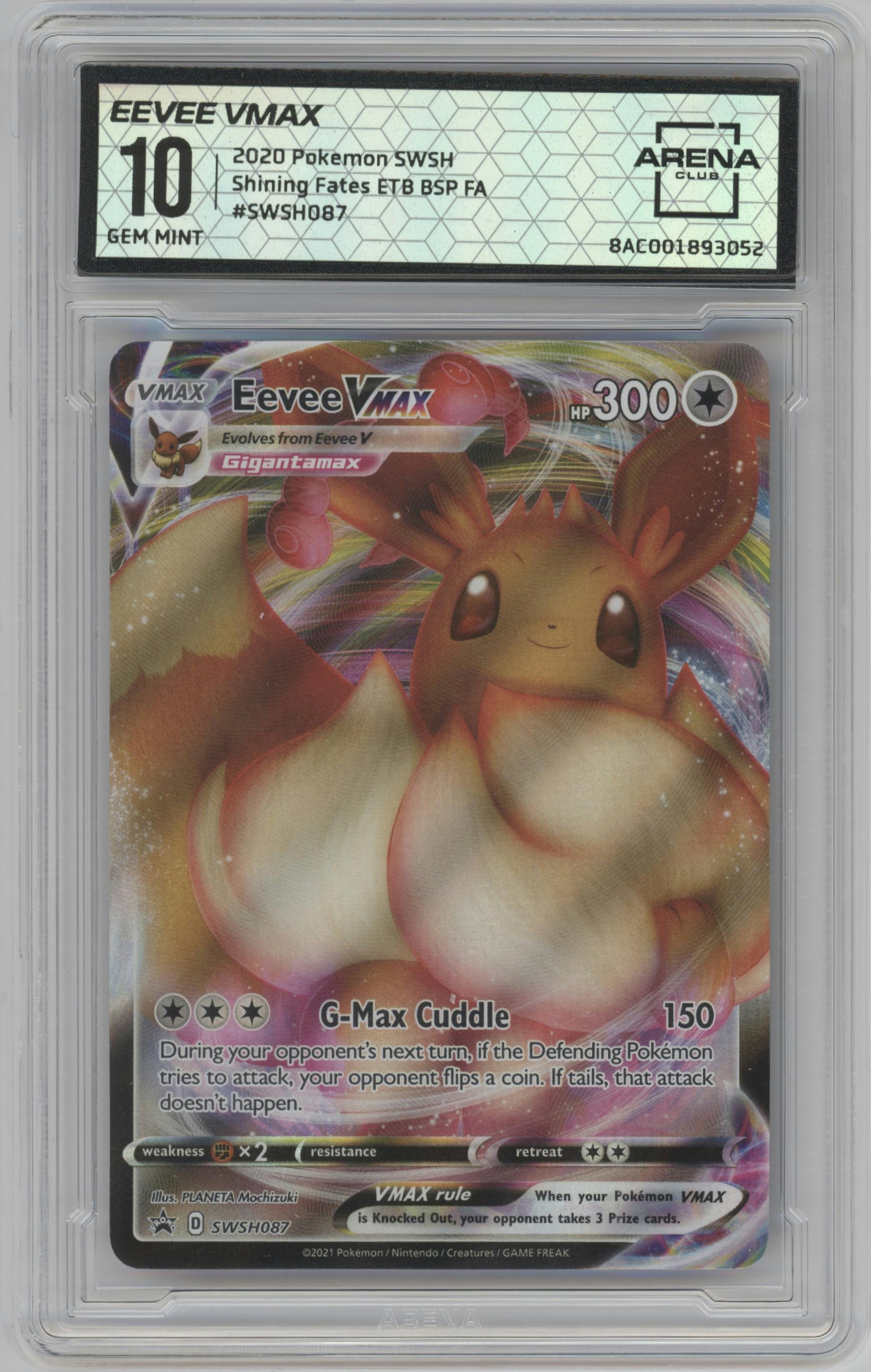 Eevee VMAX from the 2020 Pokemon SWSH set featuring a Shining Fates Elite Trainer Box parallel graded by Arena Club and given an overall grade of 10.