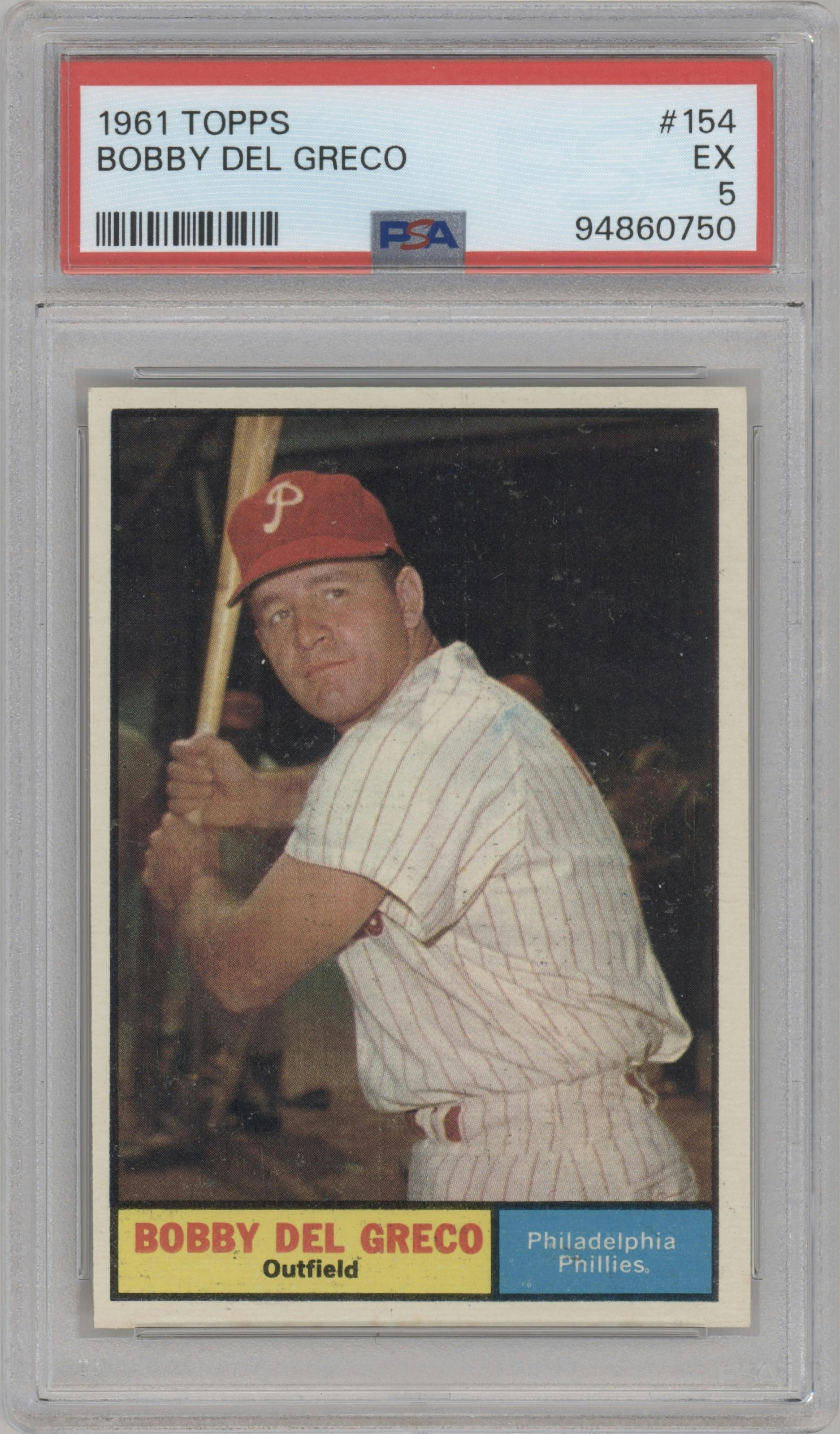Bobby Del Greco from the 1961 Topps set graded by PSA and given an overall grade of 5.