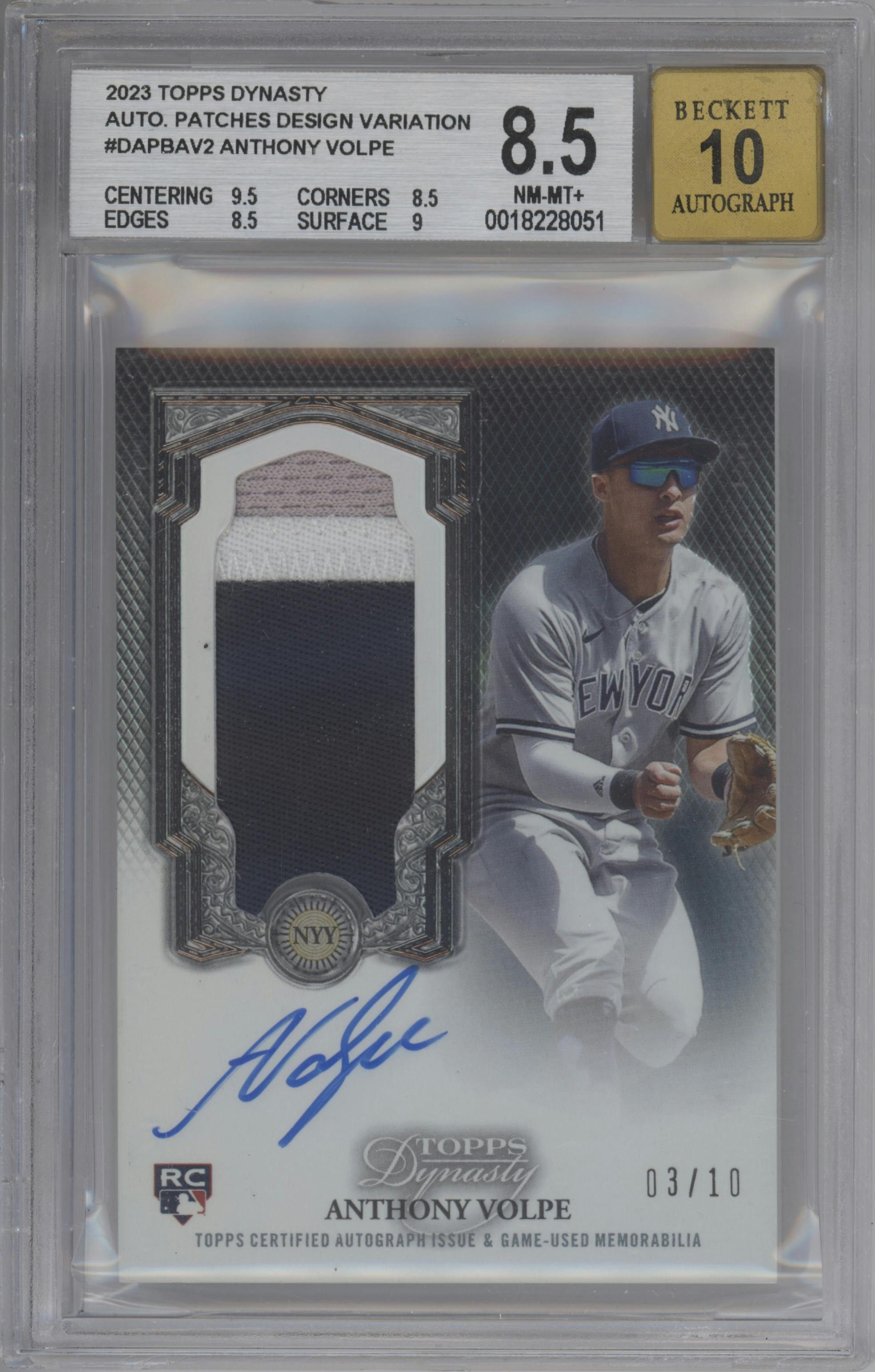 Anthony Volpe  from the 2023 Topps Dynasty set graded by Beckett and given an overall grade of 8.5.