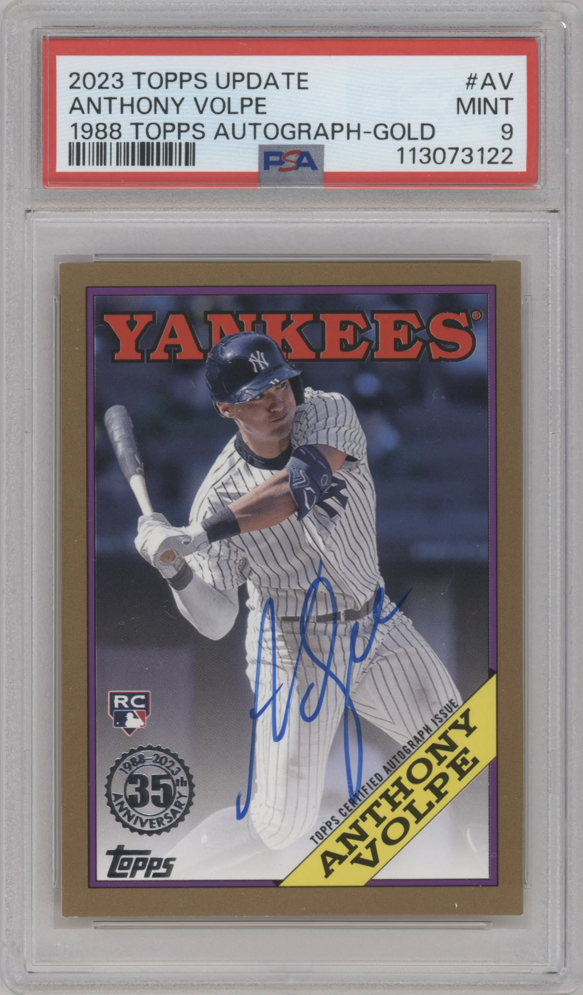 2023 Topps Update 1988 Topps Auto Anthony Volpe Gold PSA 9