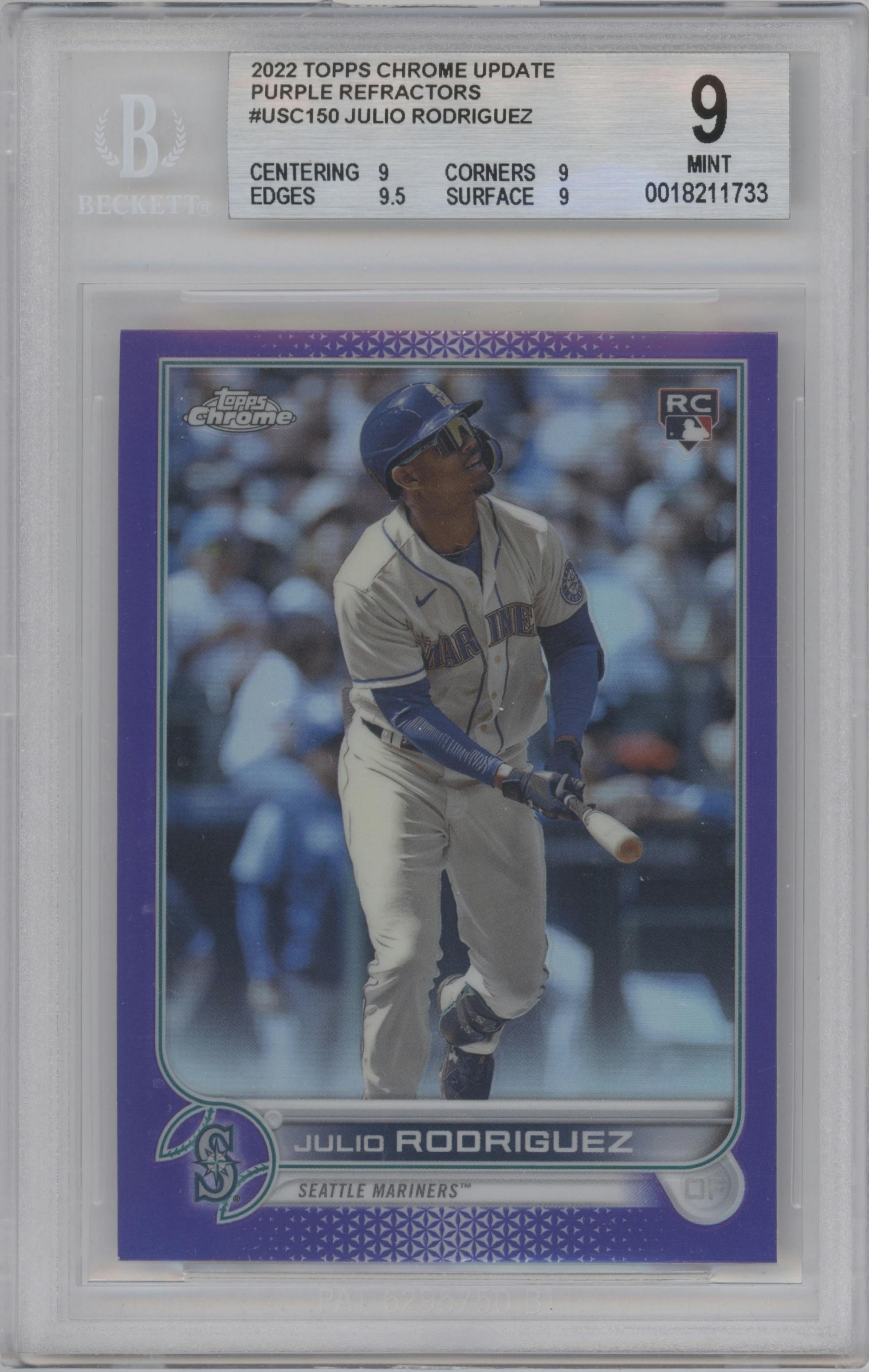 Julio Rodriguez from the 2022 Topps Chrome Update set featuring a Purple Refractor parallel graded by Beckett and given an overall grade of 9.