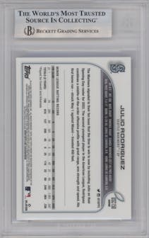 Julio Rodriguez from the 2022 Topps Chrome Update set featuring a Purple Refractor parallel graded by Beckett and given an overall grade of 9.