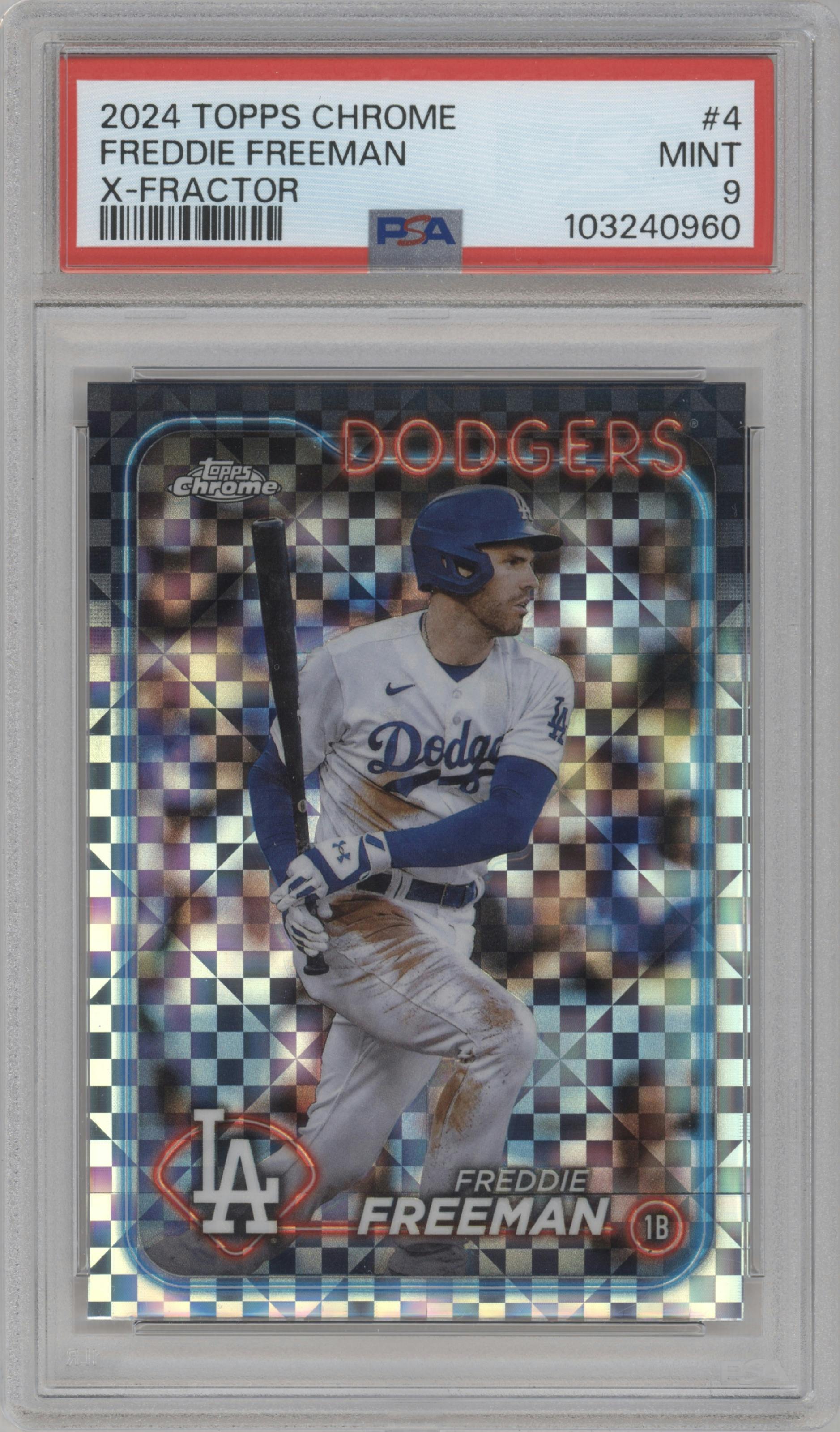 Freddie Freeman from the 2024 Topps Chrome set featuring a X-Fractor parallel graded by PSA and given an overall grade of 9.