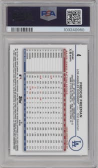 Freddie Freeman from the 2024 Topps Chrome set featuring a X-Fractor parallel graded by PSA and given an overall grade of 9.