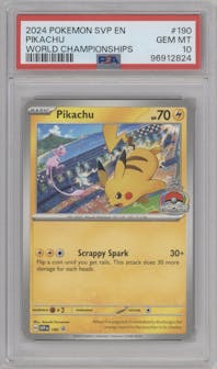 Pikachu from the 2024 Pokemon SV set featuring a 2024 World Championship parallel graded by PSA and given an overall grade of 10.