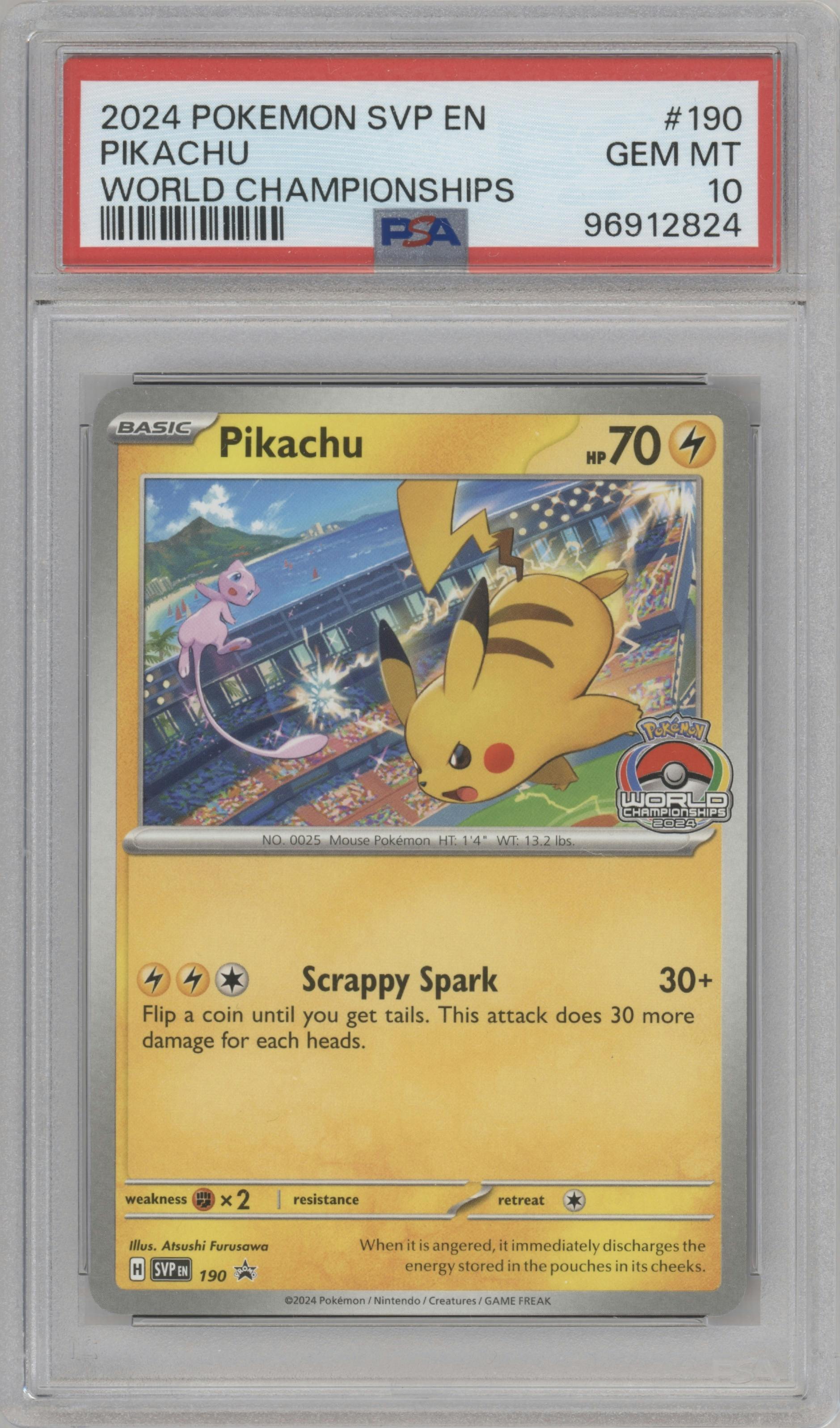 Pikachu from the 2024 Pokemon SV set featuring a 2024 World Championship parallel graded by PSA and given an overall grade of 10.