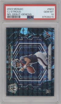 C.J. Stroud  from the 2023 Panini Mosaic set featuring a Genesis parallel graded by PSA and given an overall grade of 10.