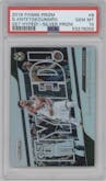 Giannis Antetokounmpo from the 2018-19 Panini Prizm set featuring a Silver Prizm parallel graded by PSA and given an overall grade of 10.
