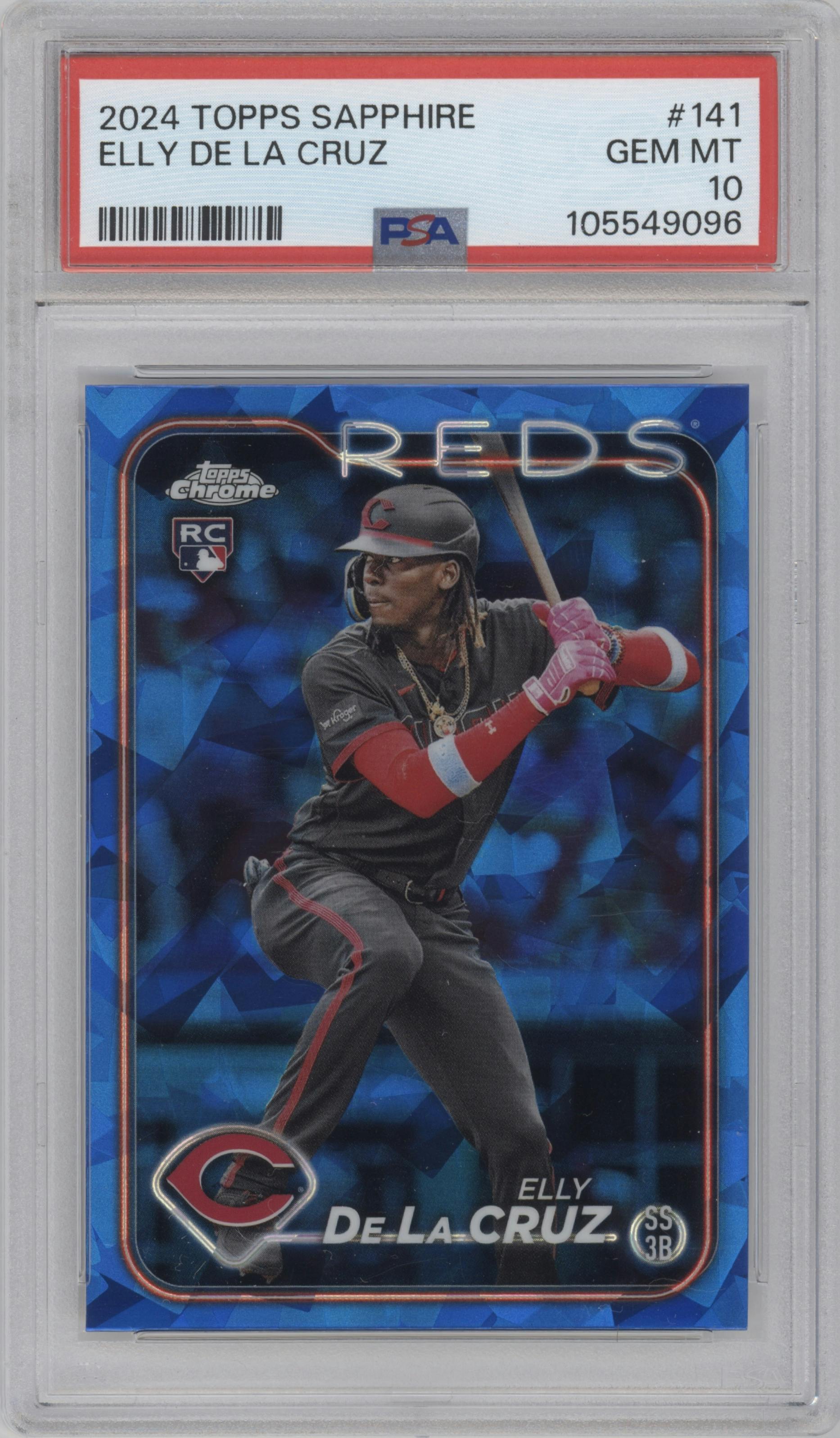 Elly De La Cruz from the 2024 Topps Chrome Sapphire set graded by PSA and given an overall grade of 10.