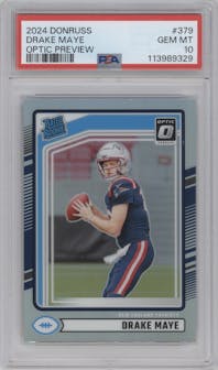 Drake Maye from the 2024 Donruss set graded by PSA and given an overall grade of 10.