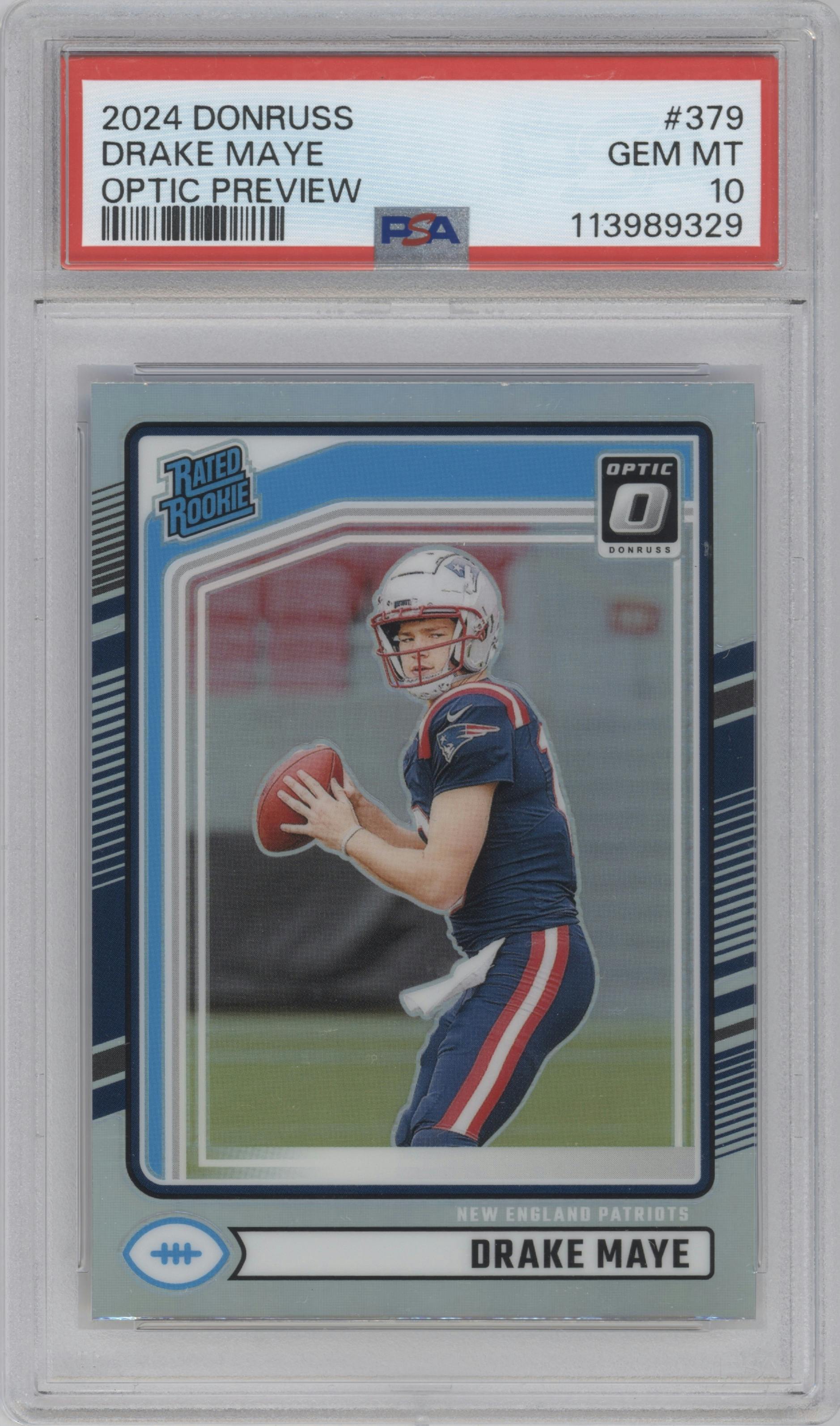 Drake Maye from the 2024 Donruss set graded by PSA and given an overall grade of 10.