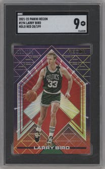 Larry Bird from the 2021-22 Panini Recon set featuring a Holo Red parallel graded by SGC and given an overall grade of 9.