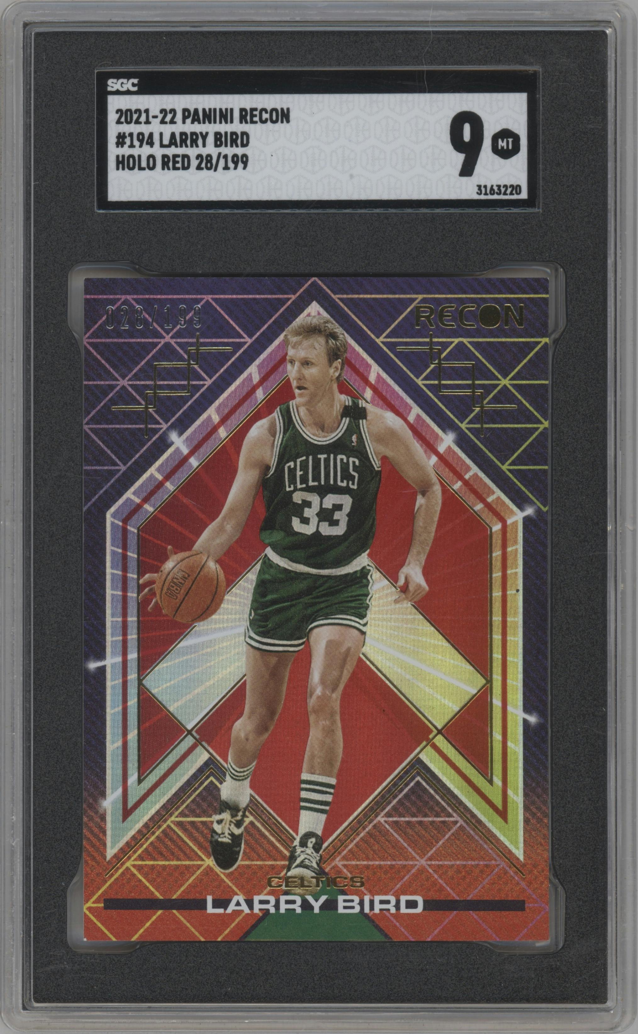 Larry Bird from the 2021-22 Panini Recon set featuring a Holo Red parallel graded by SGC and given an overall grade of 9.