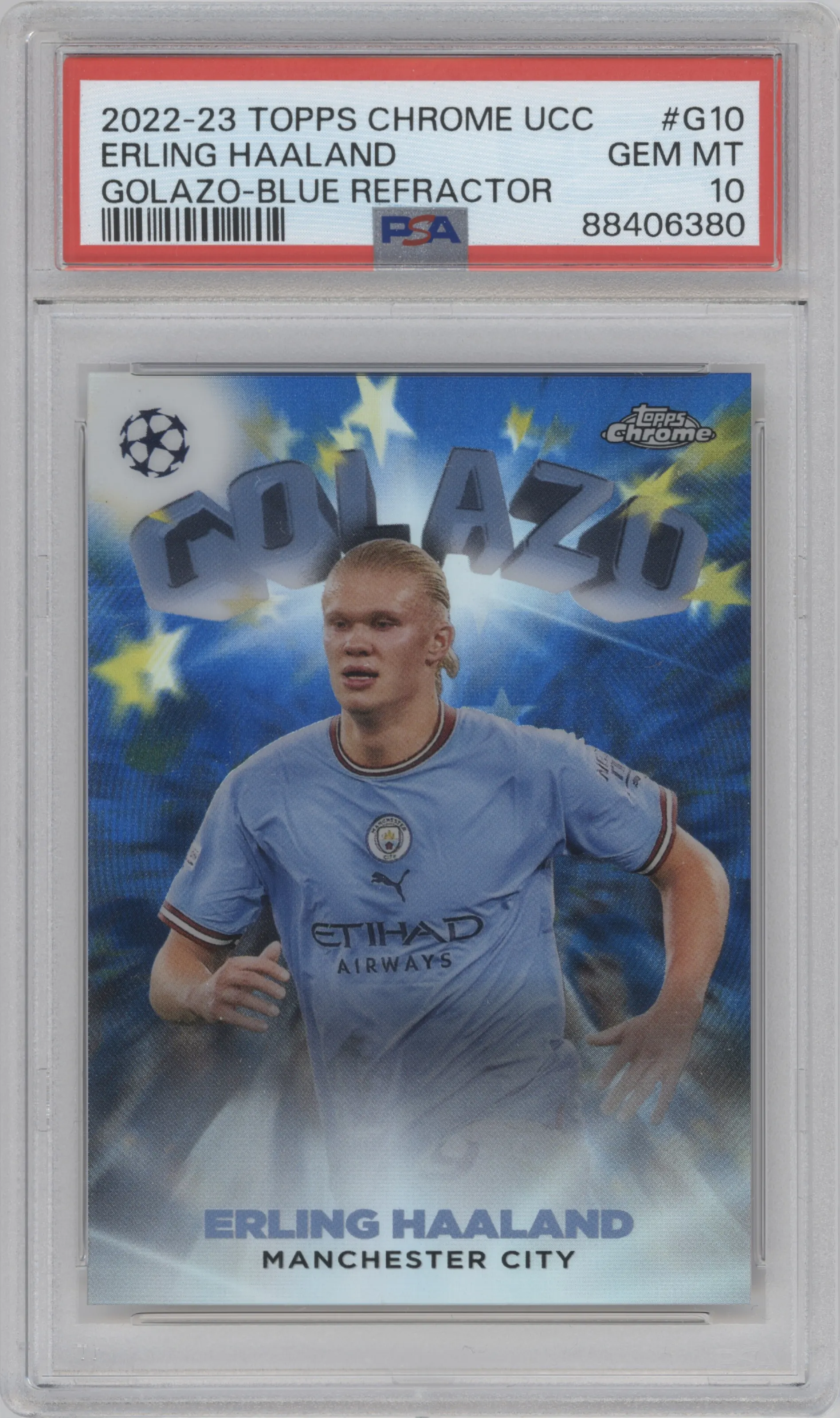 2022 Topps Chrome UEFA Club Competitions Golazo Erling Haaland Blue Refractor #G-10 PSA 10
