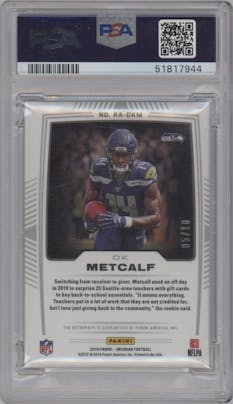 DK Metcalf from the 2019 Panini Obsidian set featuring a Electric Etch Red parallel graded by PSA and given an overall grade of 9.