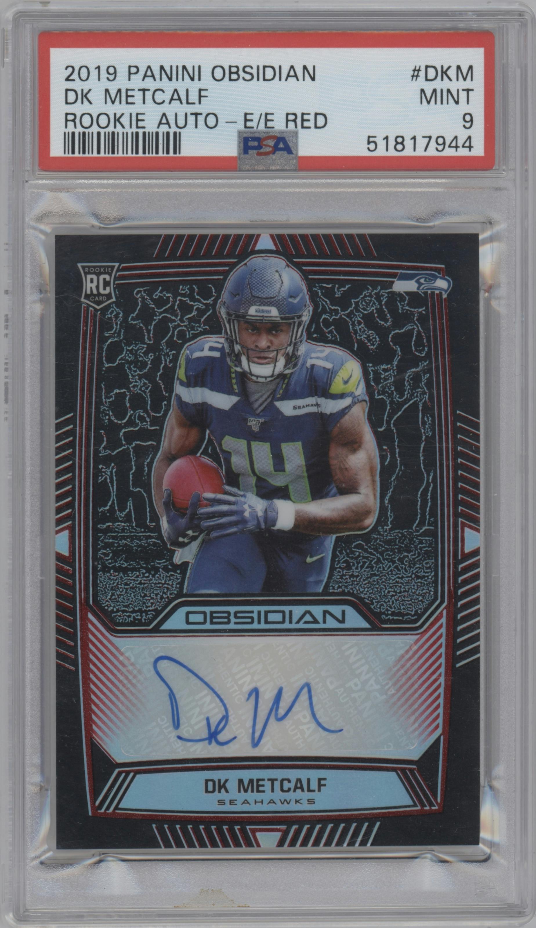 DK Metcalf from the 2019 Panini Obsidian set featuring a Electric Etch Red parallel graded by PSA and given an overall grade of 9.