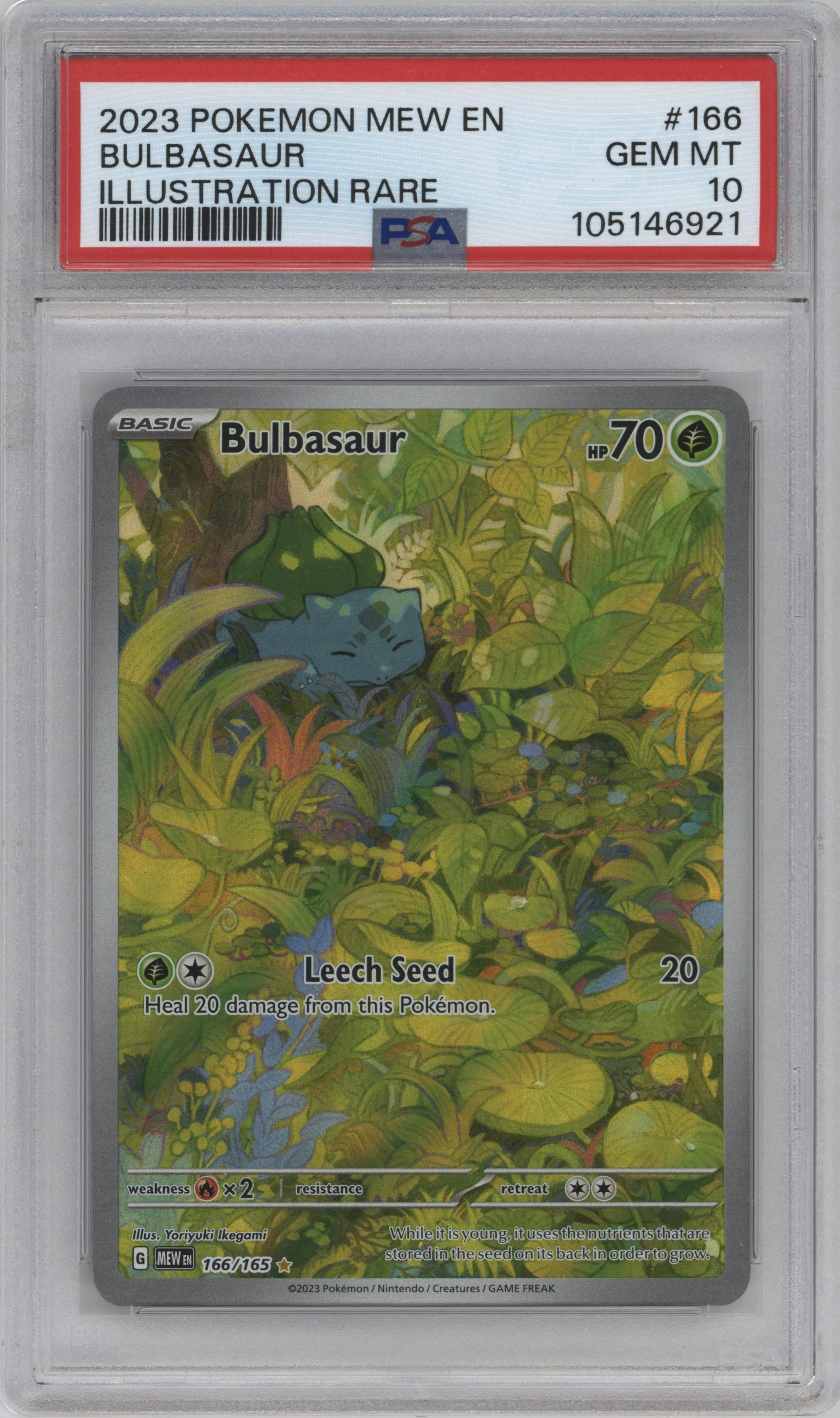 Bulbasaur from the 2023 Pokemon SV set graded by PSA and given an overall grade of 10.